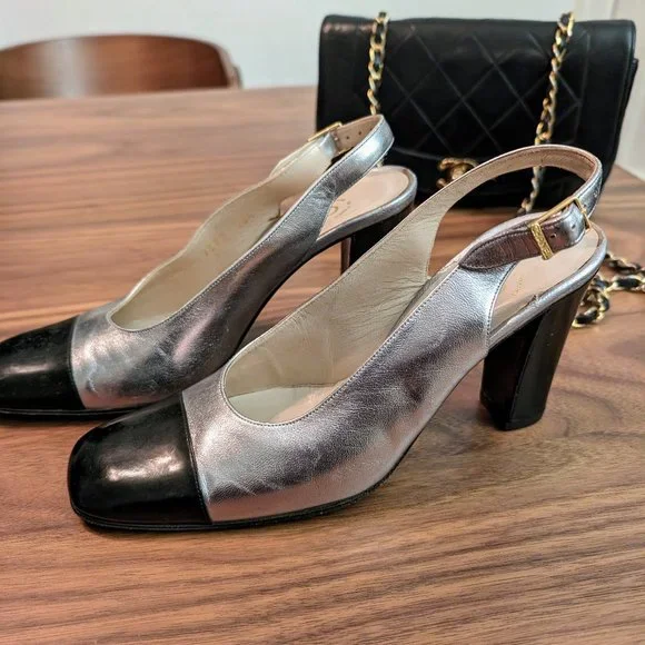 Vintage Chanel Silver Cap Toe Slingback Block Heel Pumps, Sz 36 - Picture 3 of 10